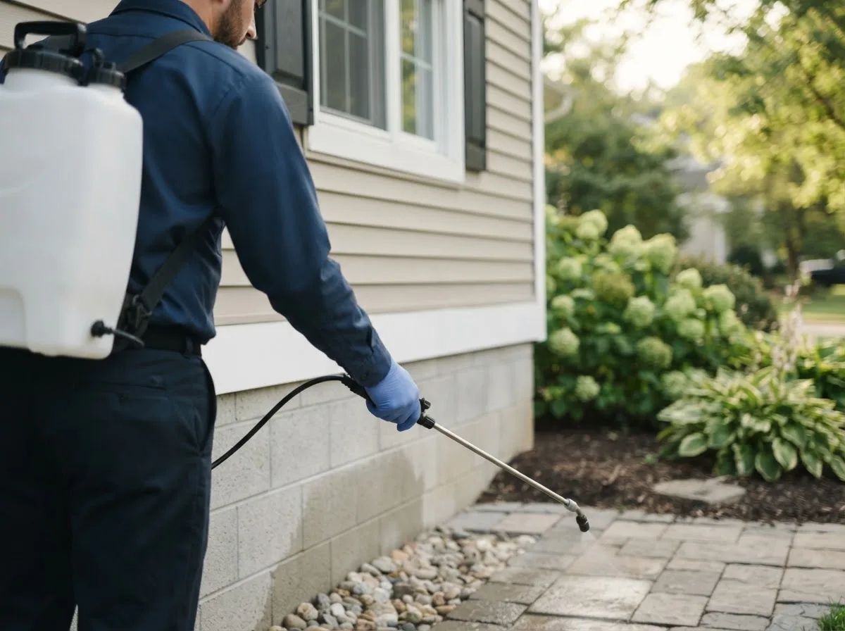 Pest control technician inspecting a home in Michigan Center, MI